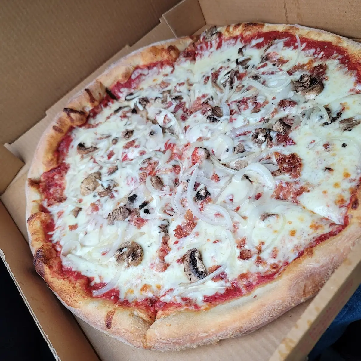 Bacon Onions Mushrooms and Cheese Pizza