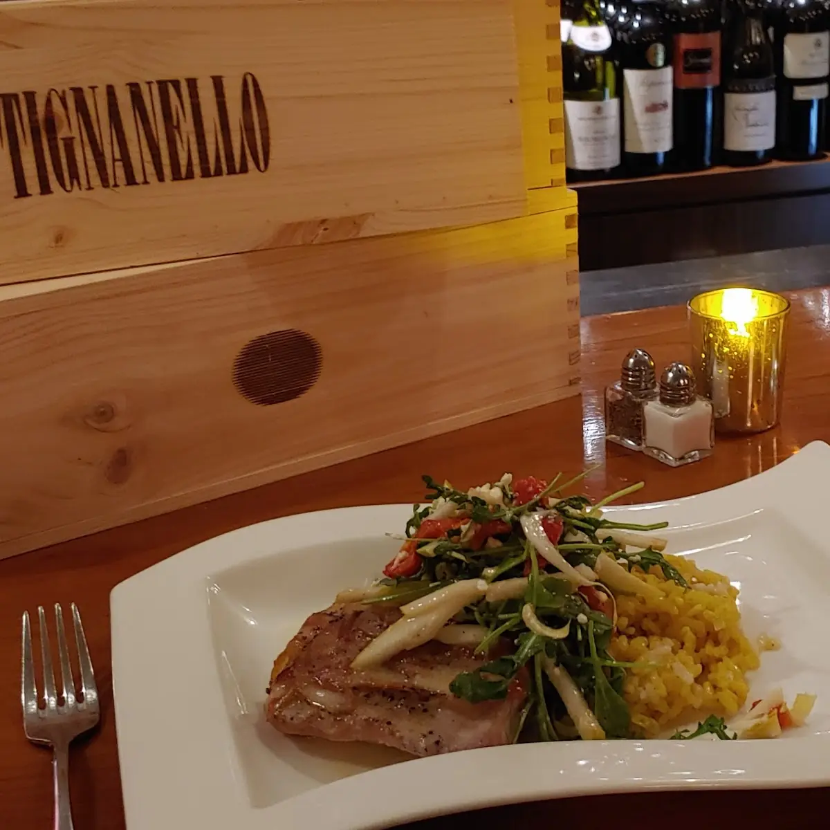 Pancetta Wrapped Mahi-Mahi Saffron Risotto Champagne Butte Blanc