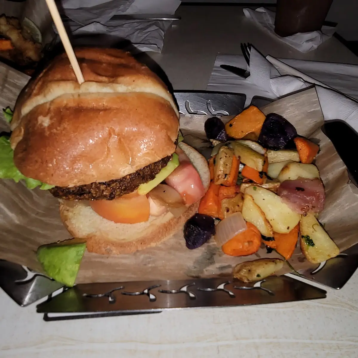 Veggy Burger and Roasted Potatoes