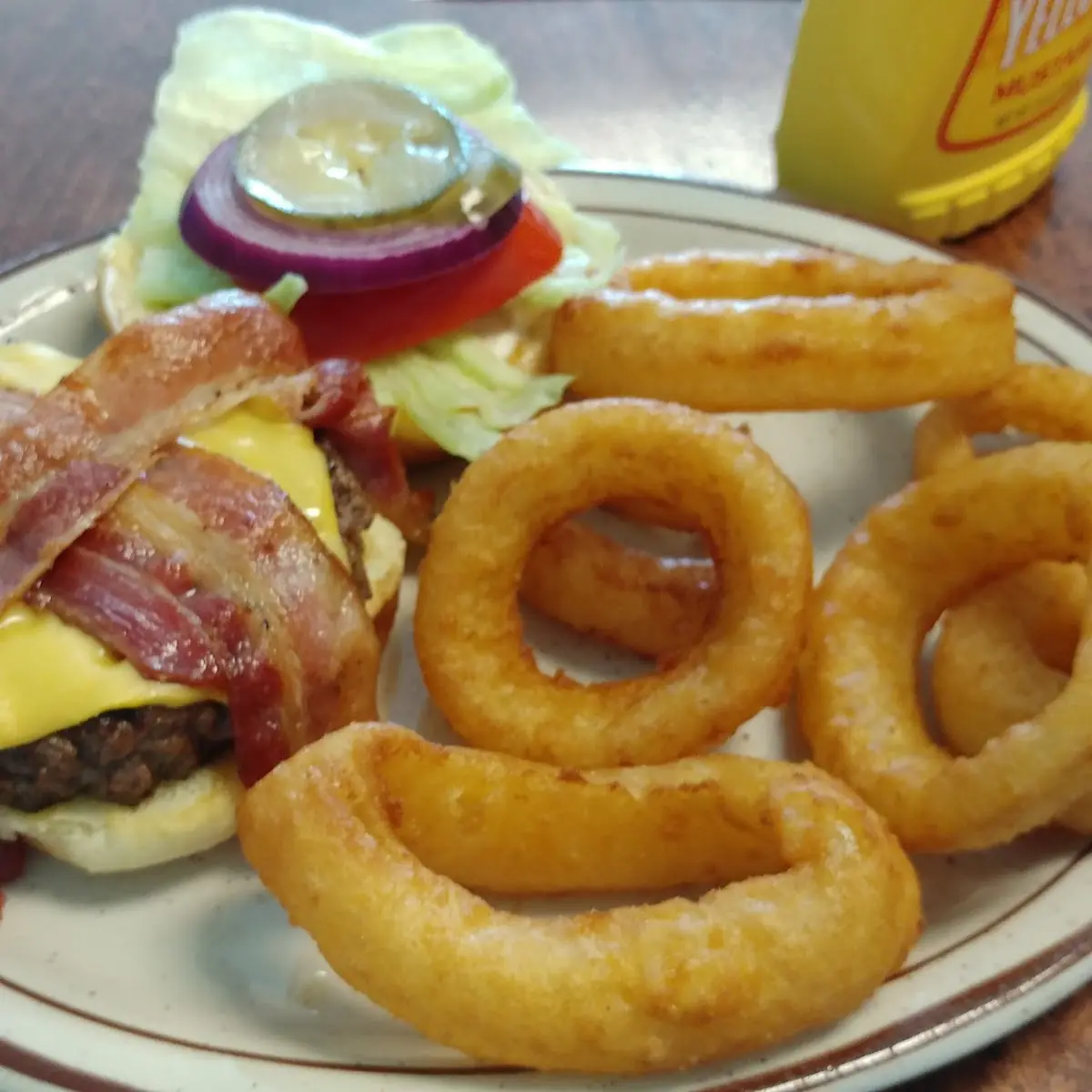 Bacon Cheeseburger and Onion Rings
