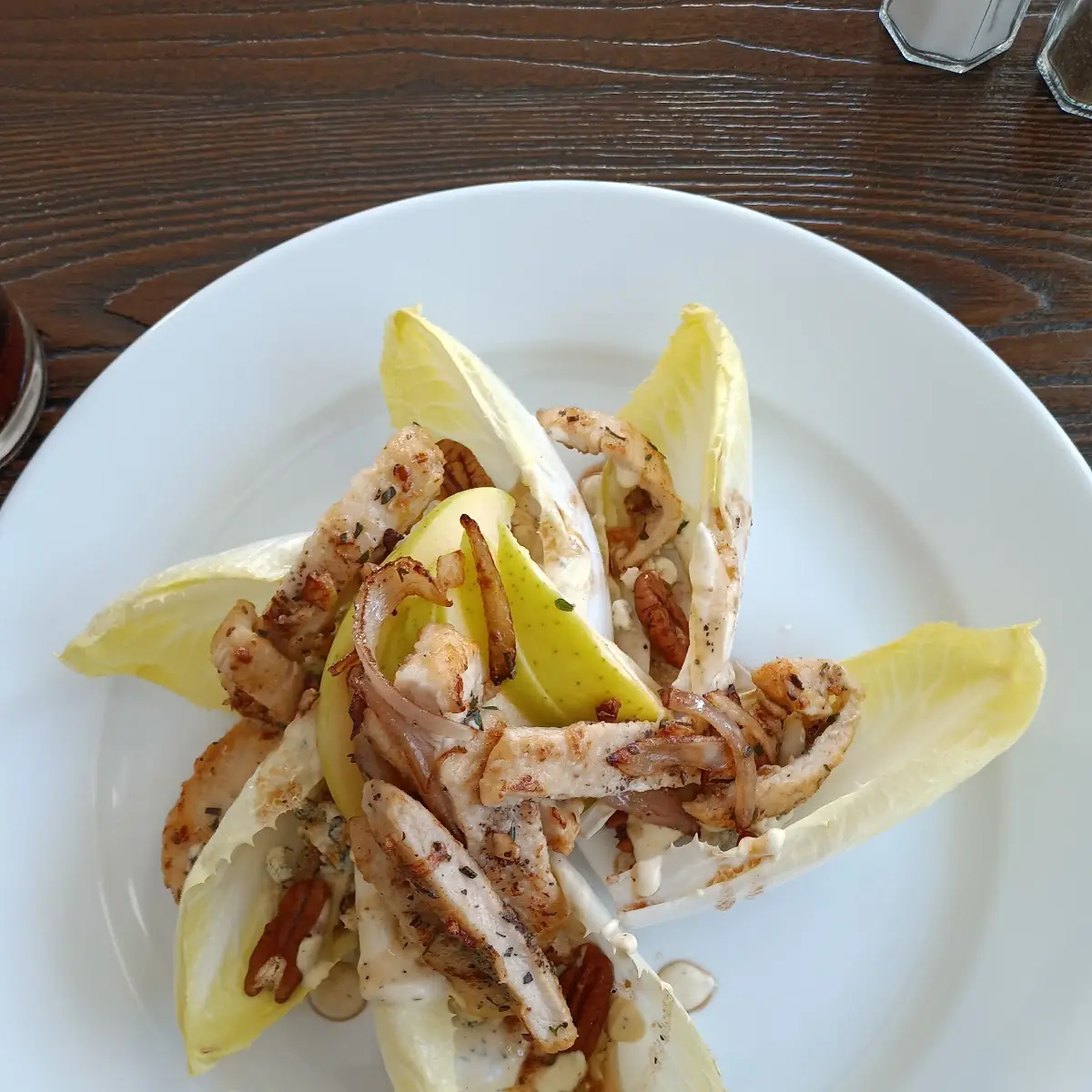 Endive Salad with Chicken Blue Cheese Crumble Caramelized Onion Green Apple and Pecans