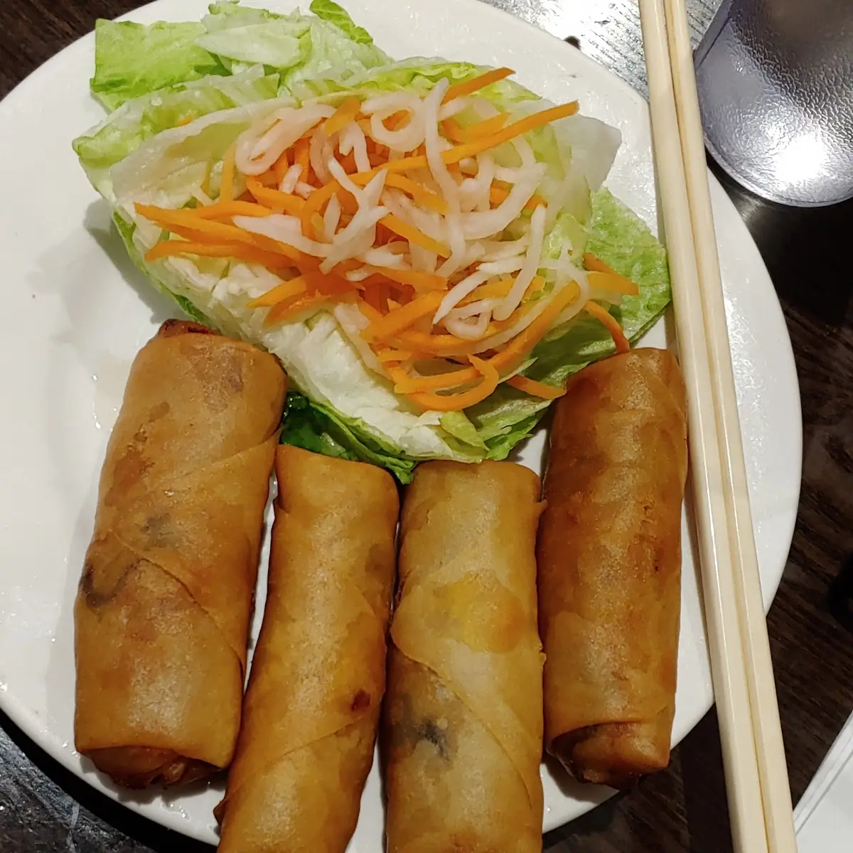 Pho Grilled Pork w Crispy Spring Rolls and Peanut Sauce