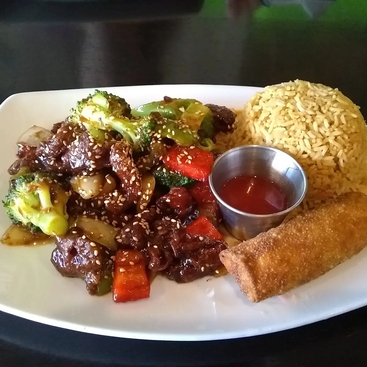 Sesame Beef Lunch Special with Fried Rice and Vegetable Eggroll