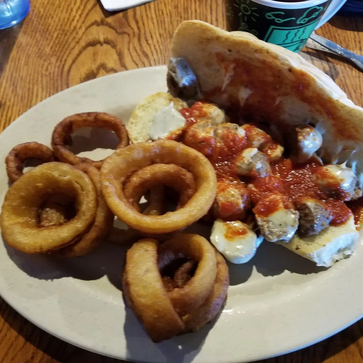 Meatball Sandwich & Onion Rings