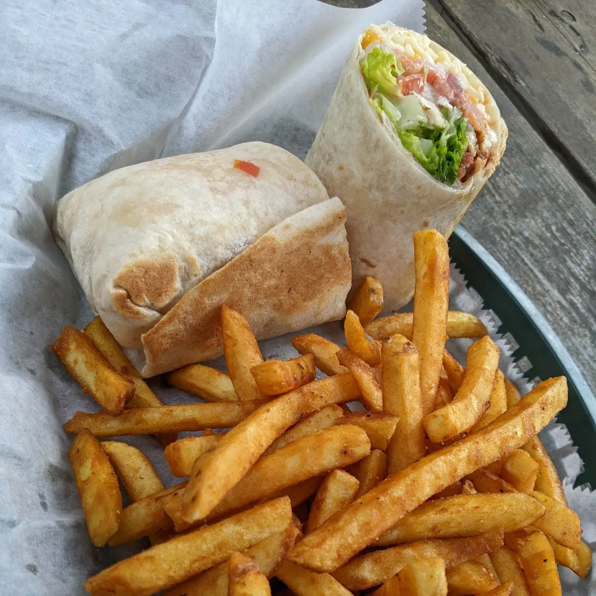 Windsor Chicken Wrap with Bacon Lettuce Onion Tomato Cheese & Ranch Dressing with a Side of Fries