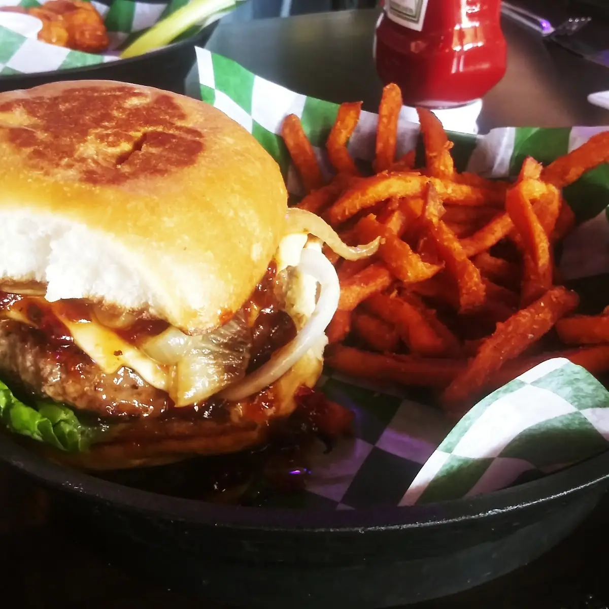 Jam Burger with Sweet Potato Fries