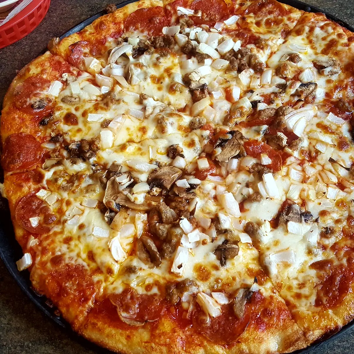 Sausage Pepperoni Mushroom Onion Pizza