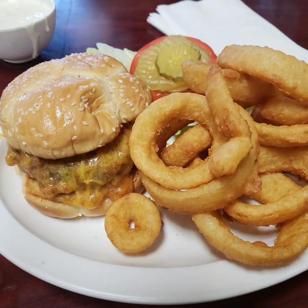 Chili Cheeseburger with Onion Rings
