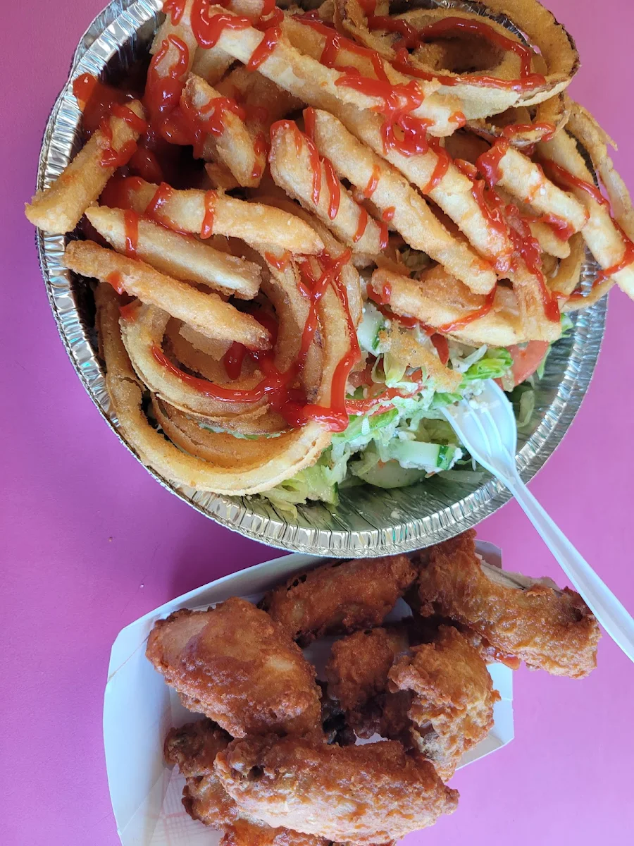 Wing with Fry's and Onion Rings
