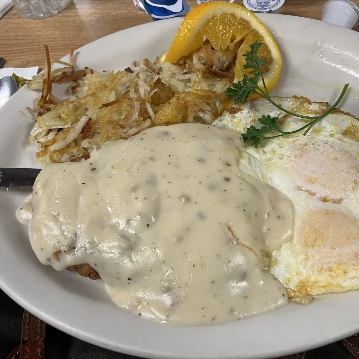 Country Fried Steak Hash Browns and Eggs