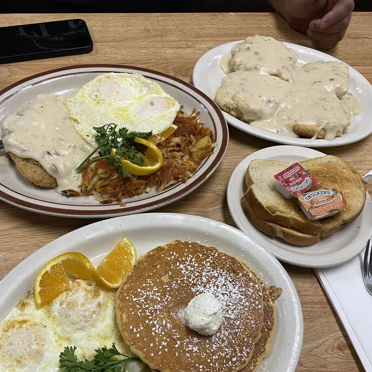 Eggs Sausage Pancake Platter & Biscuits with Gravy