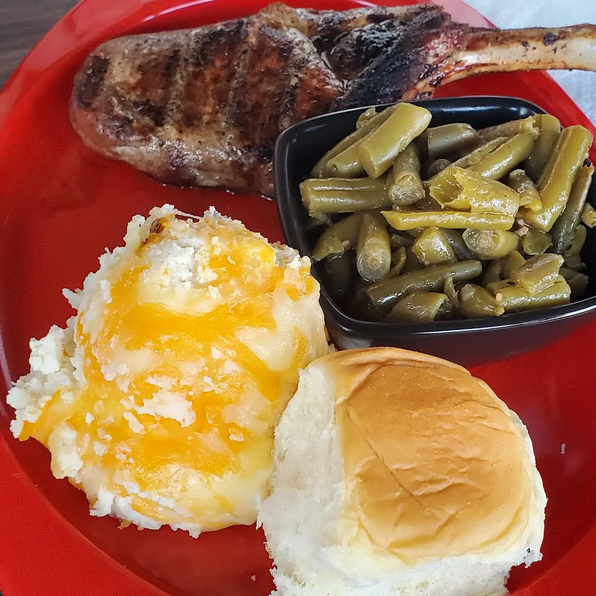 Bone in Pork Rinds Loaded Mashed Potatoes and Green Beans