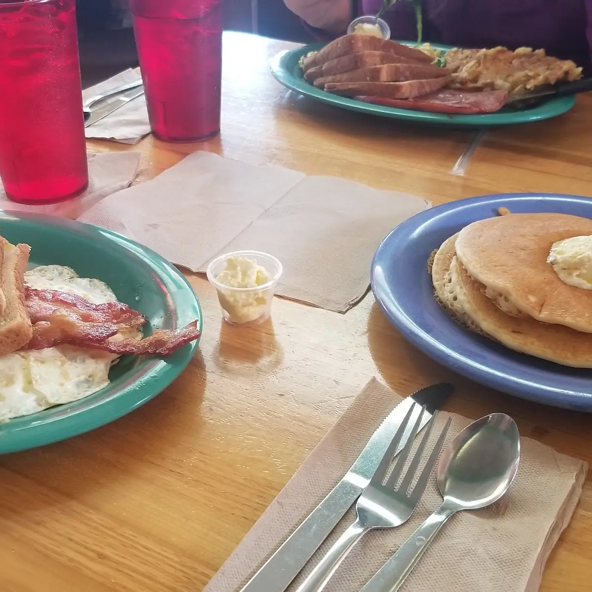 Pancakes Eggs Bacon and Hash Browns