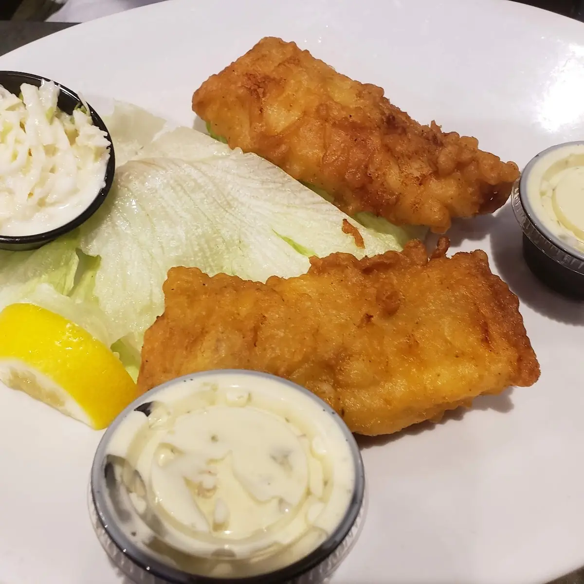 Cod Fish Dinner with Coleslaw and Potatoe Salad