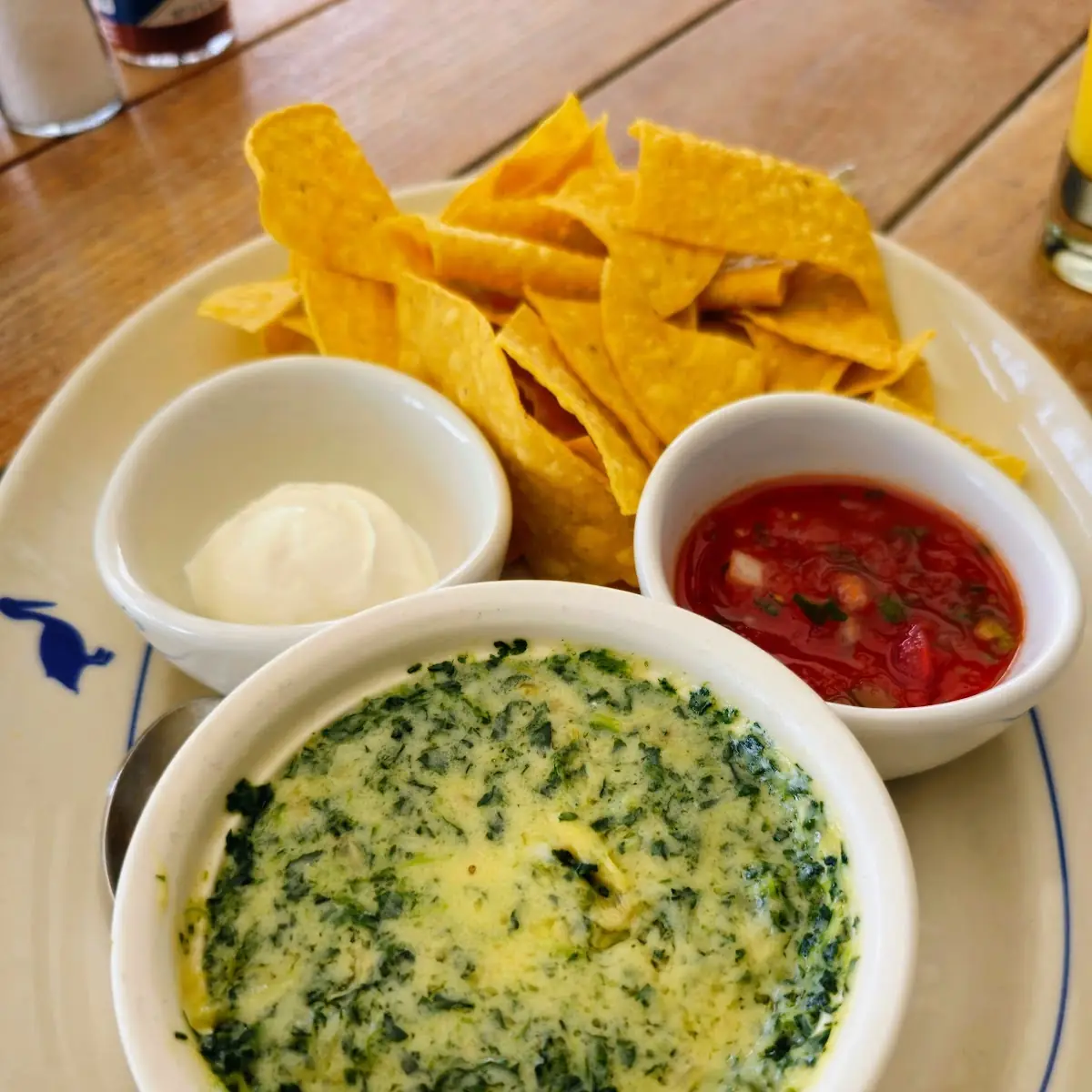 Artichoke Spinach Dip with Sour Cream Salsa and Warm Tortilla Chips