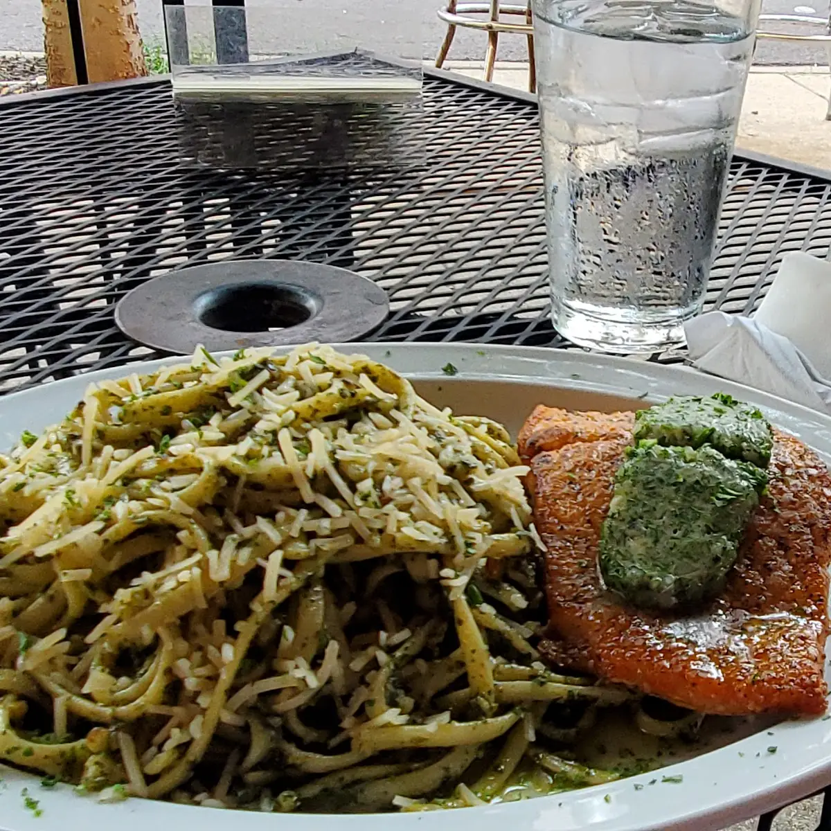Pan- Seared Atlantic Salmon with Linguine and Pesto Sauce