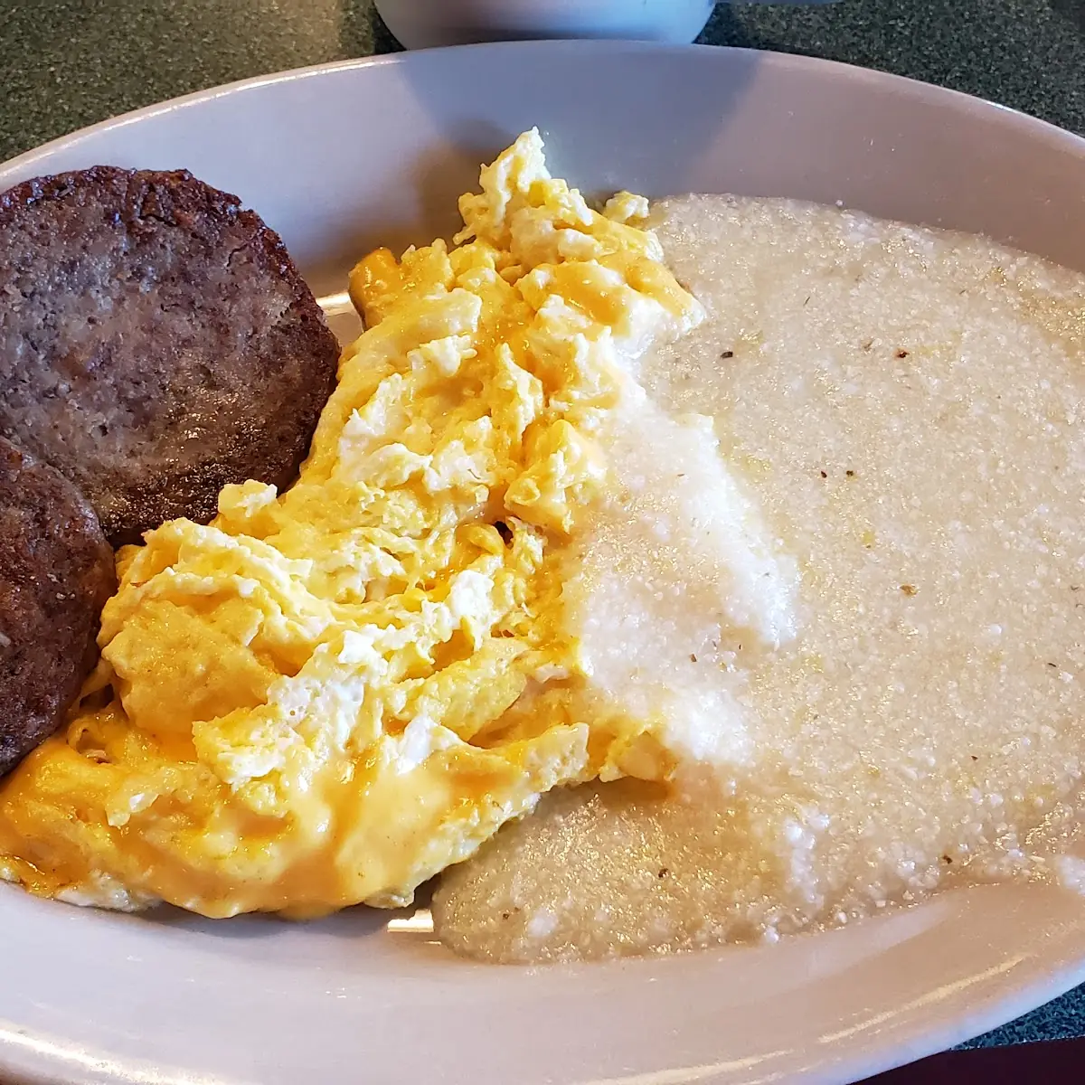 Scrambled Eggs Grits Sausage Patties