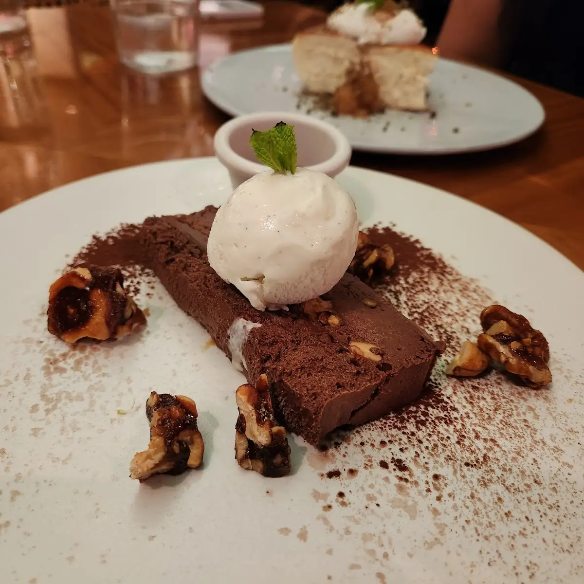 Chocolate Cassata Italian Ice Cream Cake Raspberry Sauce Caramel Nuts Vanilla Gelato