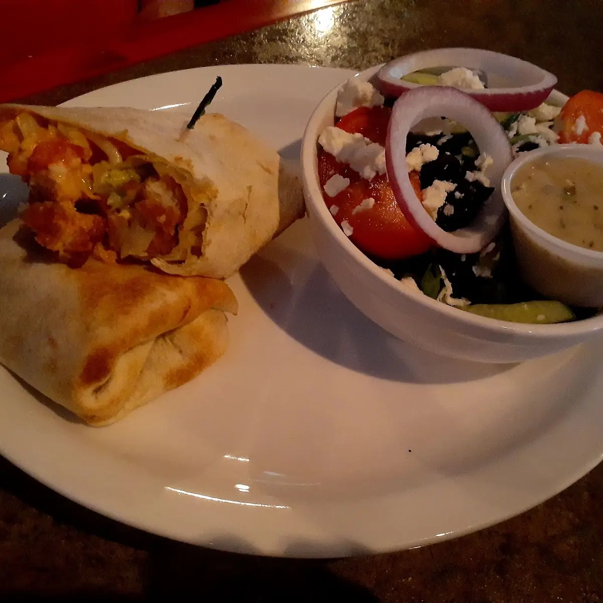 Buffalo Chicken Wrap with a Greek Side Salad