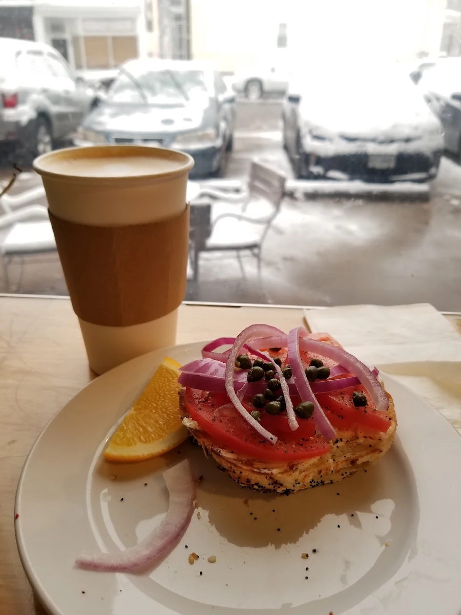 Cafe Au Lait and Everything Bagel with the Works
