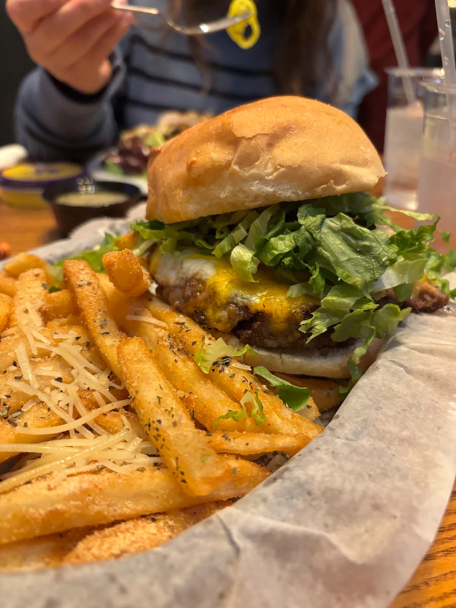 Bacon Cheeseburger with Garlic Fries
