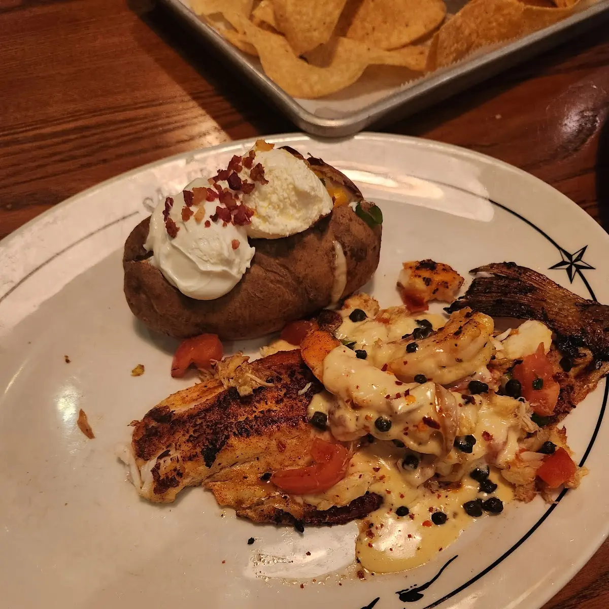 Loaded Baked Potato and Red Snapper Shrimp Dinner