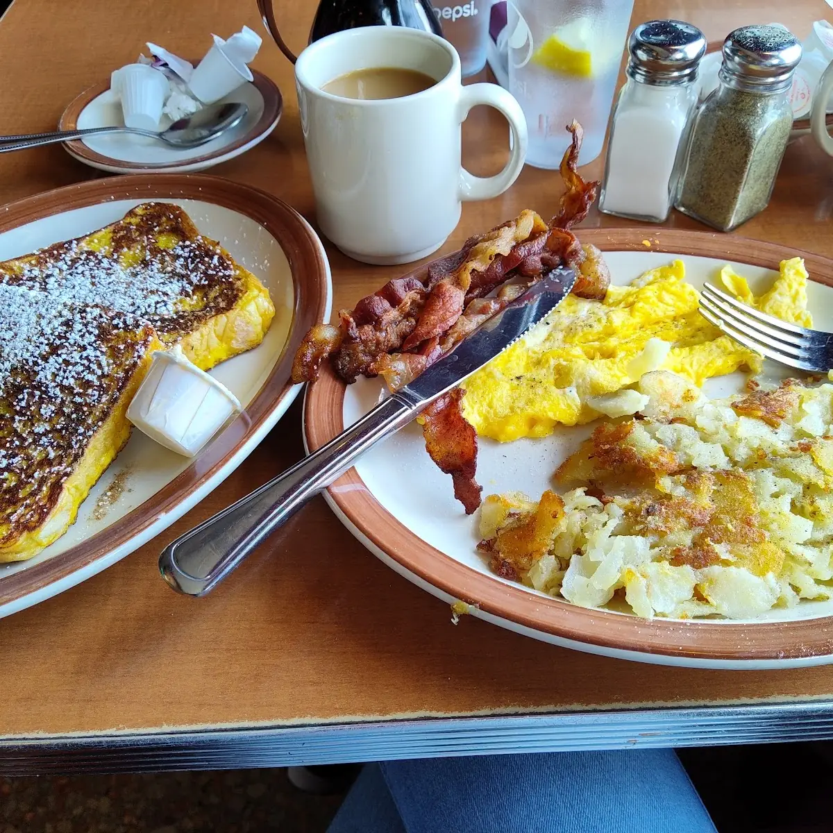 Pancakes with Scrambled Eggs and Home Fries