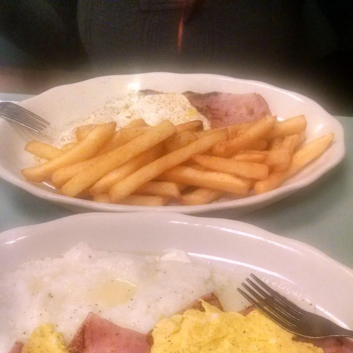 Scrambled Eggs Ham and Grits