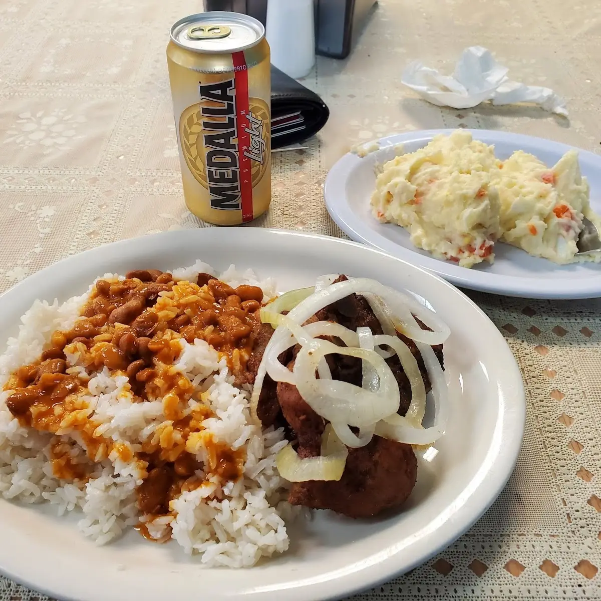 White Rice and Beans with Pork Chops and Mashed Potatoes