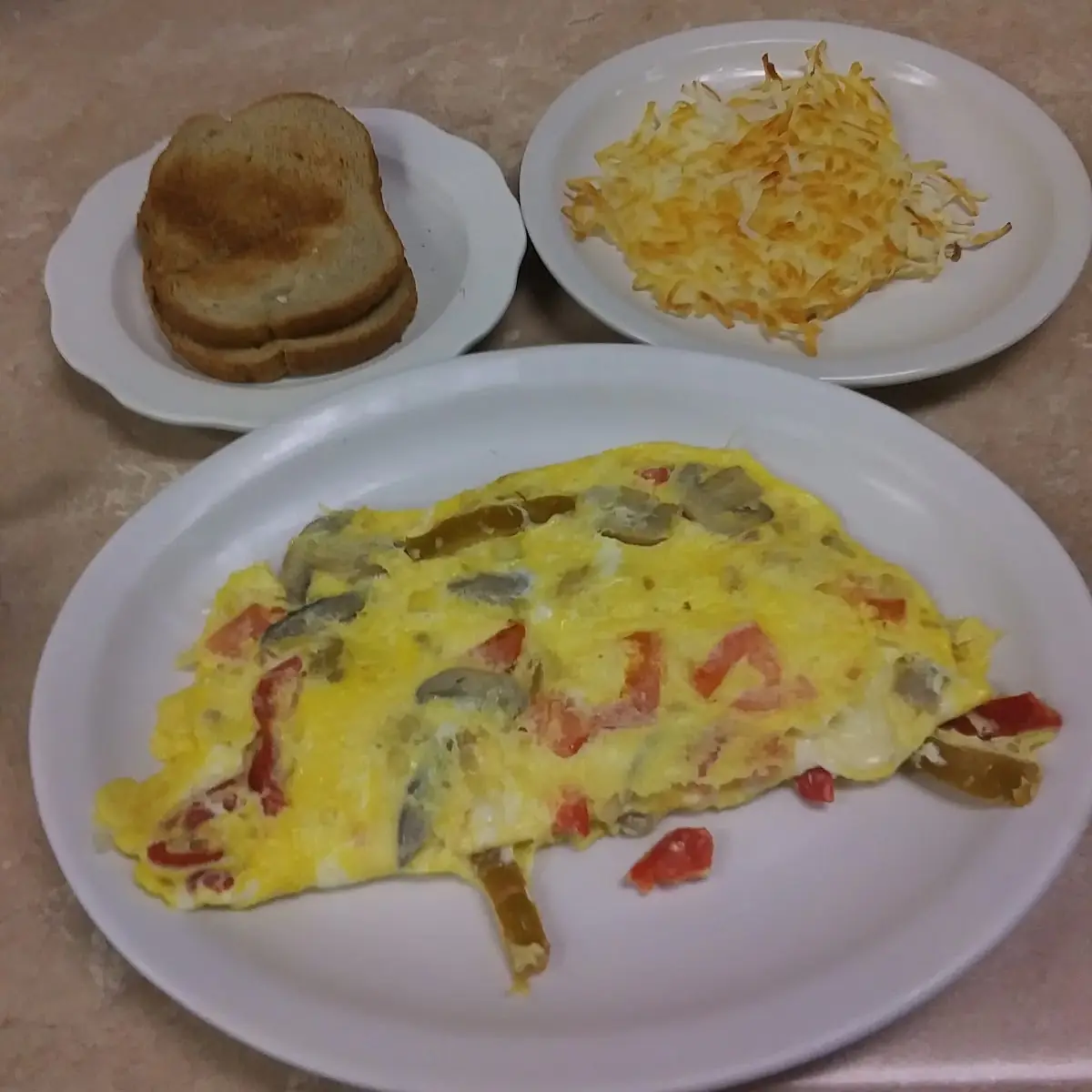 Veggie Omelette and Hash Browns
