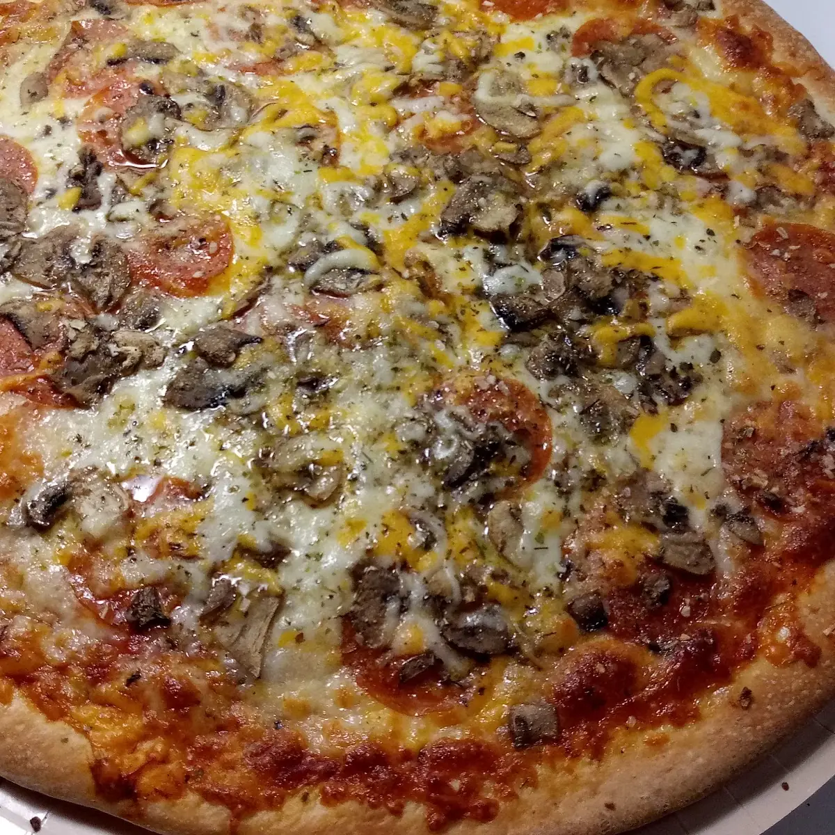 Regular Cheese Pizza with Pepperoni and Mushrooms