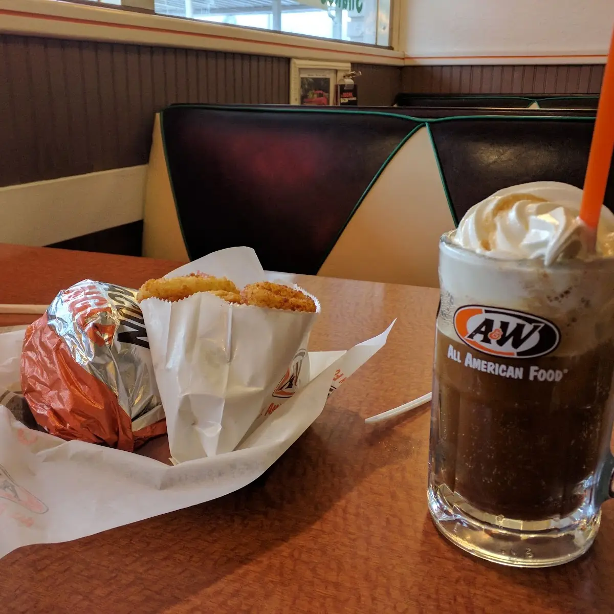 Bacon Cheeseburger with Onion Rings and Root Beer Float