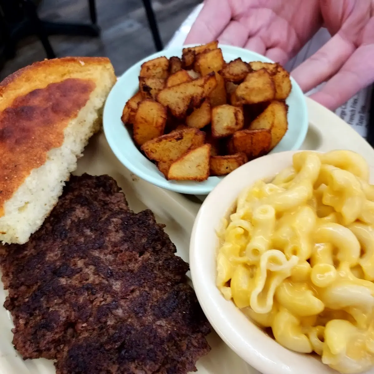 Hamburger Steak Mac and Cheese Fried Potatoes