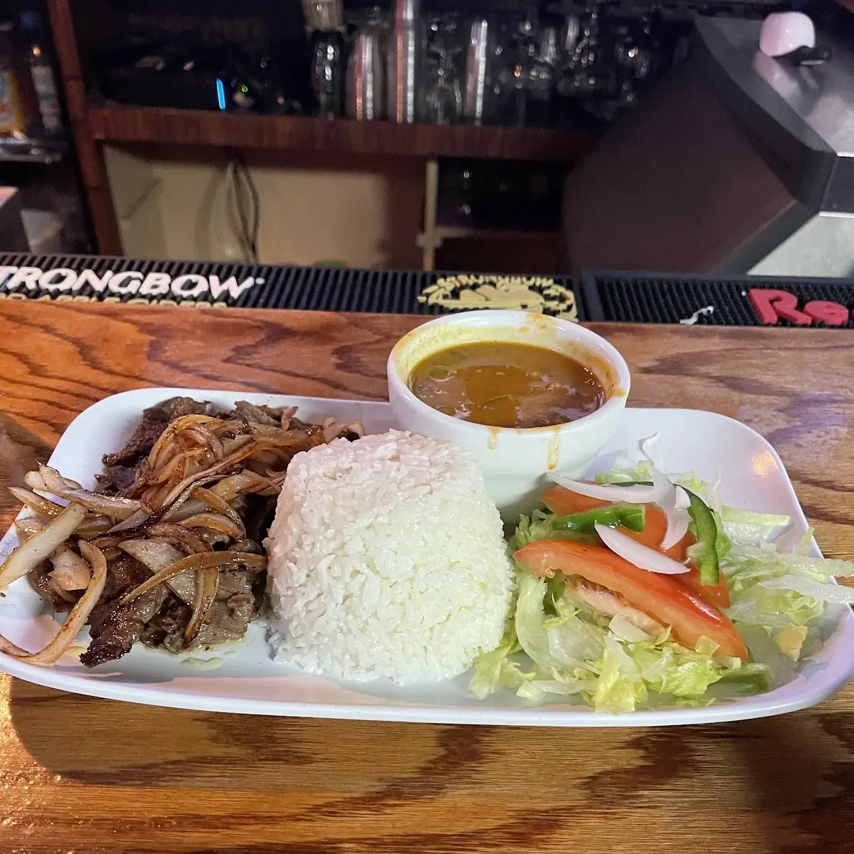 Rice Beans Salad and Onion Steak