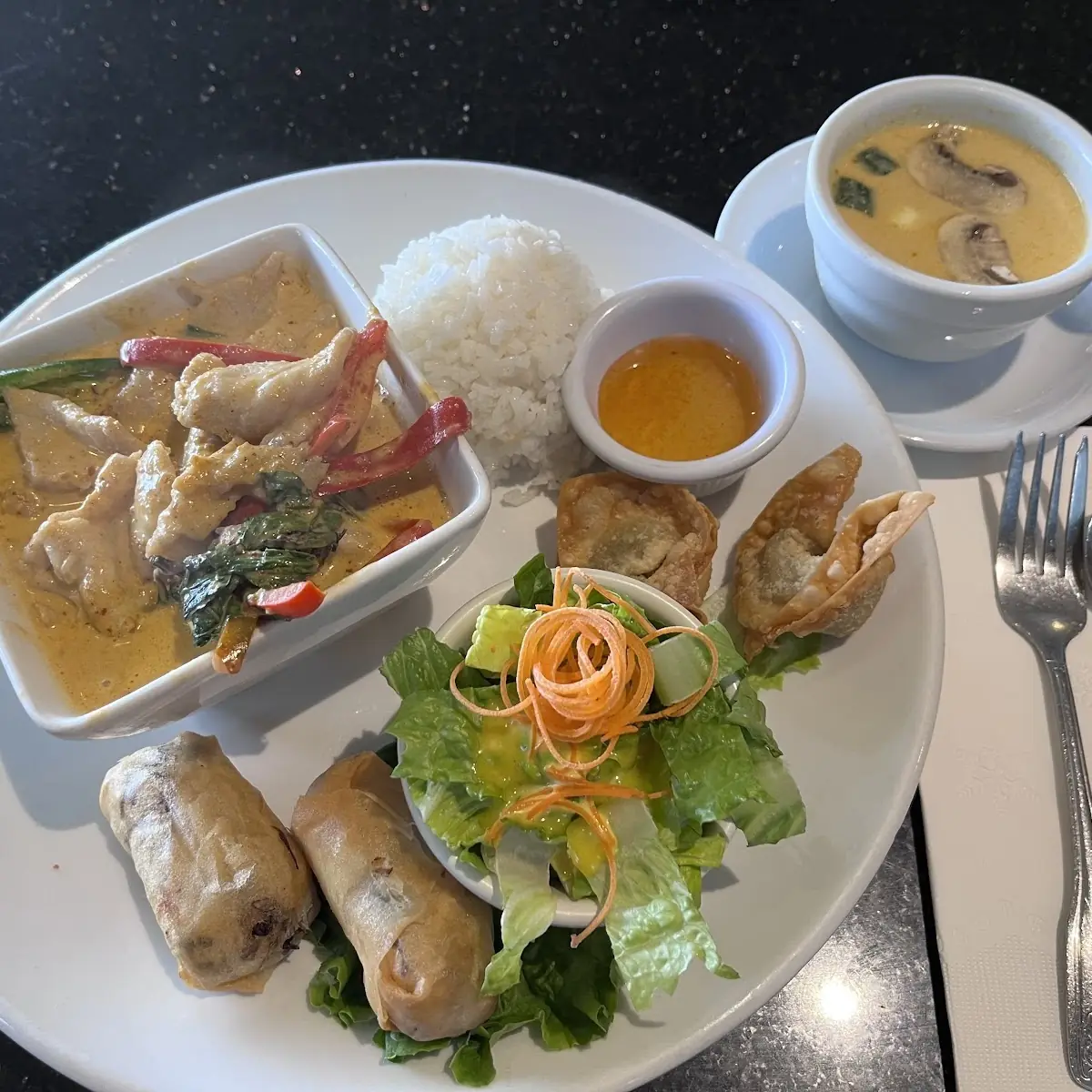 Red Curry Rice and Appetizers Plate