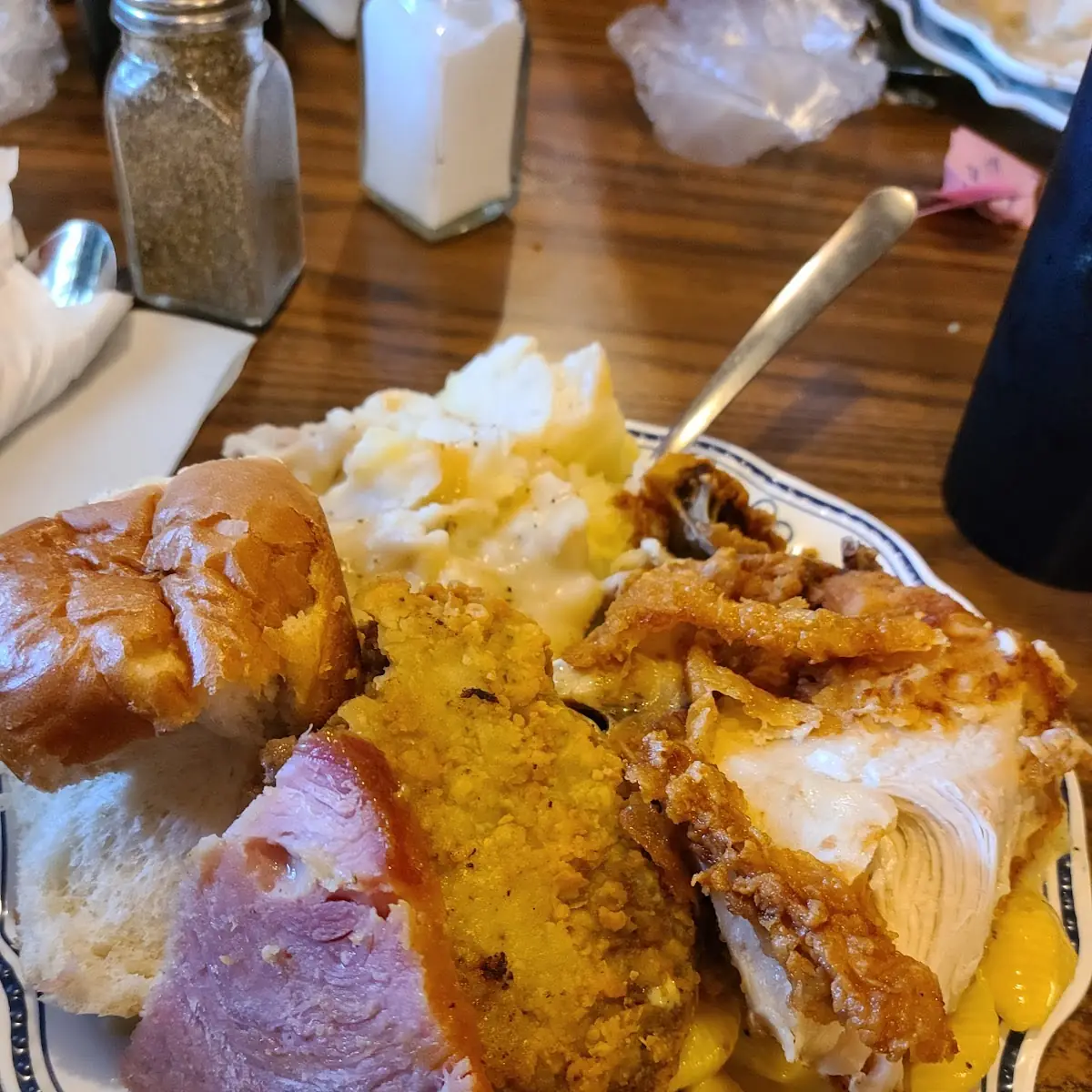 Fried Chicken Mashed Potatoes and Gravy and Ham