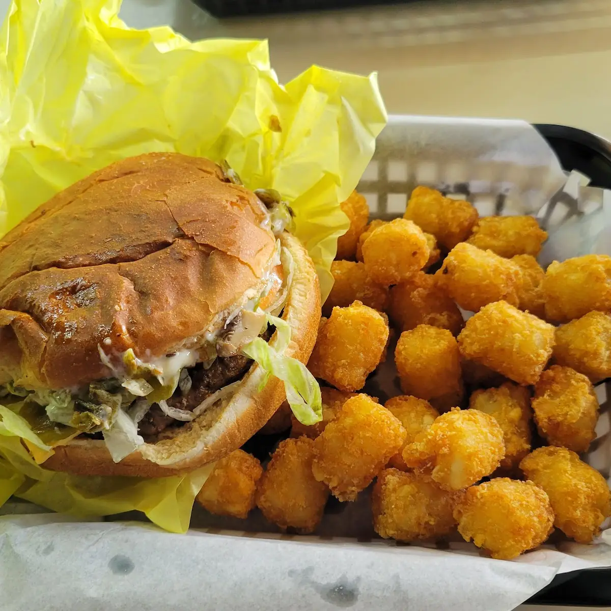 Green Chili Burger and Tots