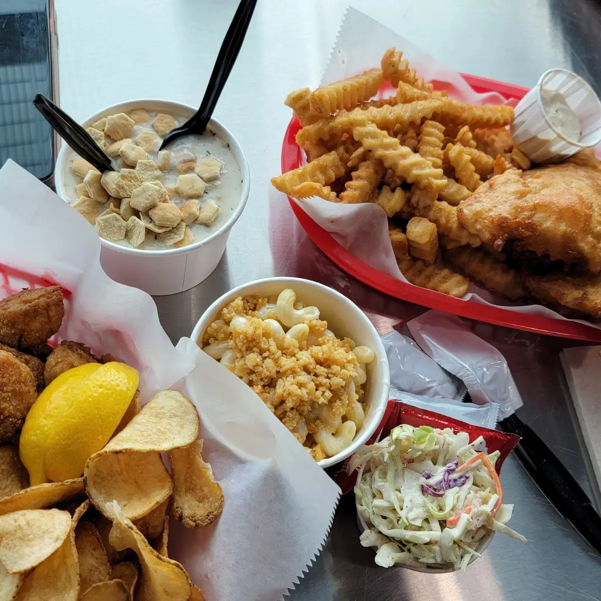 Fried Scallops Fish & Chips Cole Slaw Clam Chowder Mac N Cheese