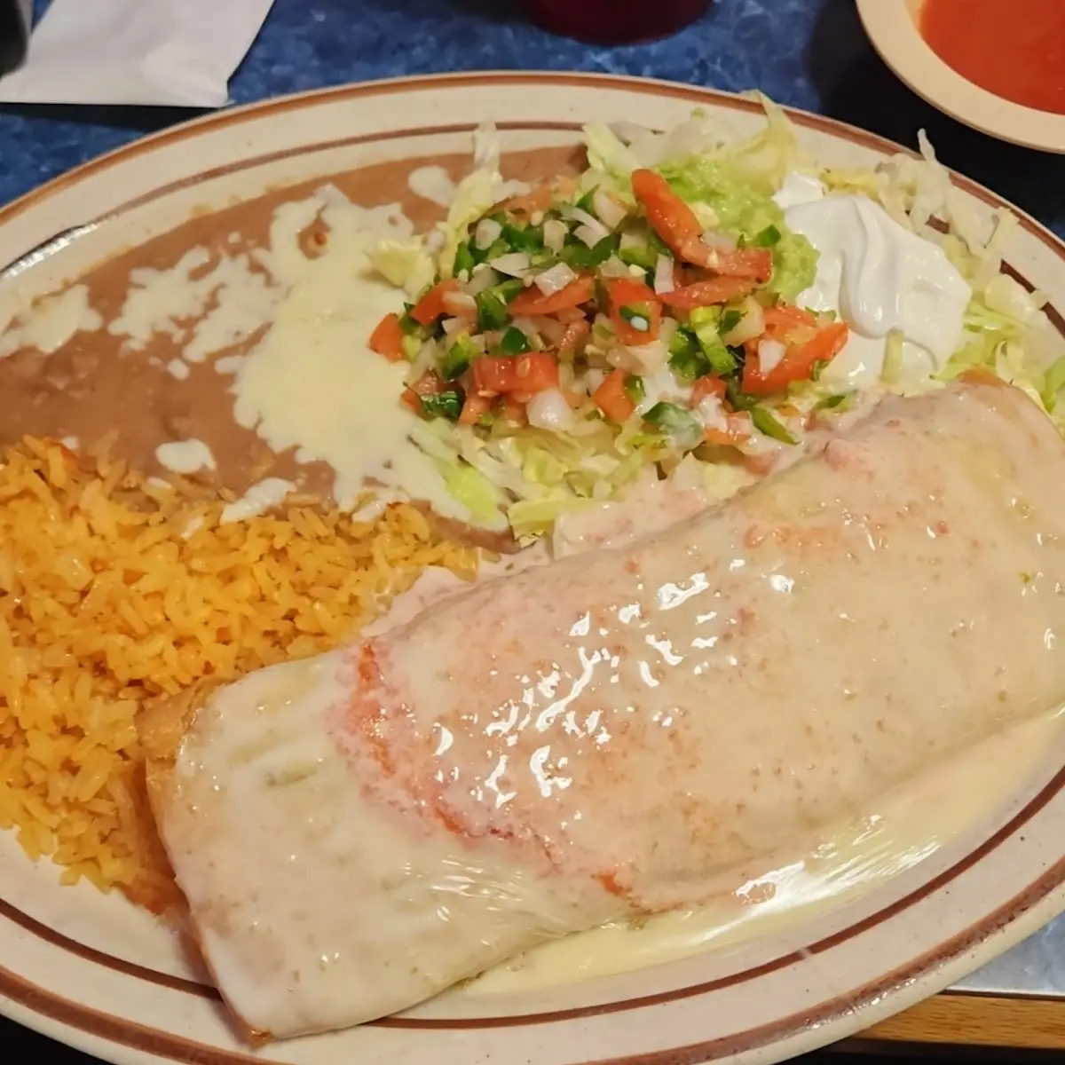 Chili Relleno Enchiladas with Rice and Beans