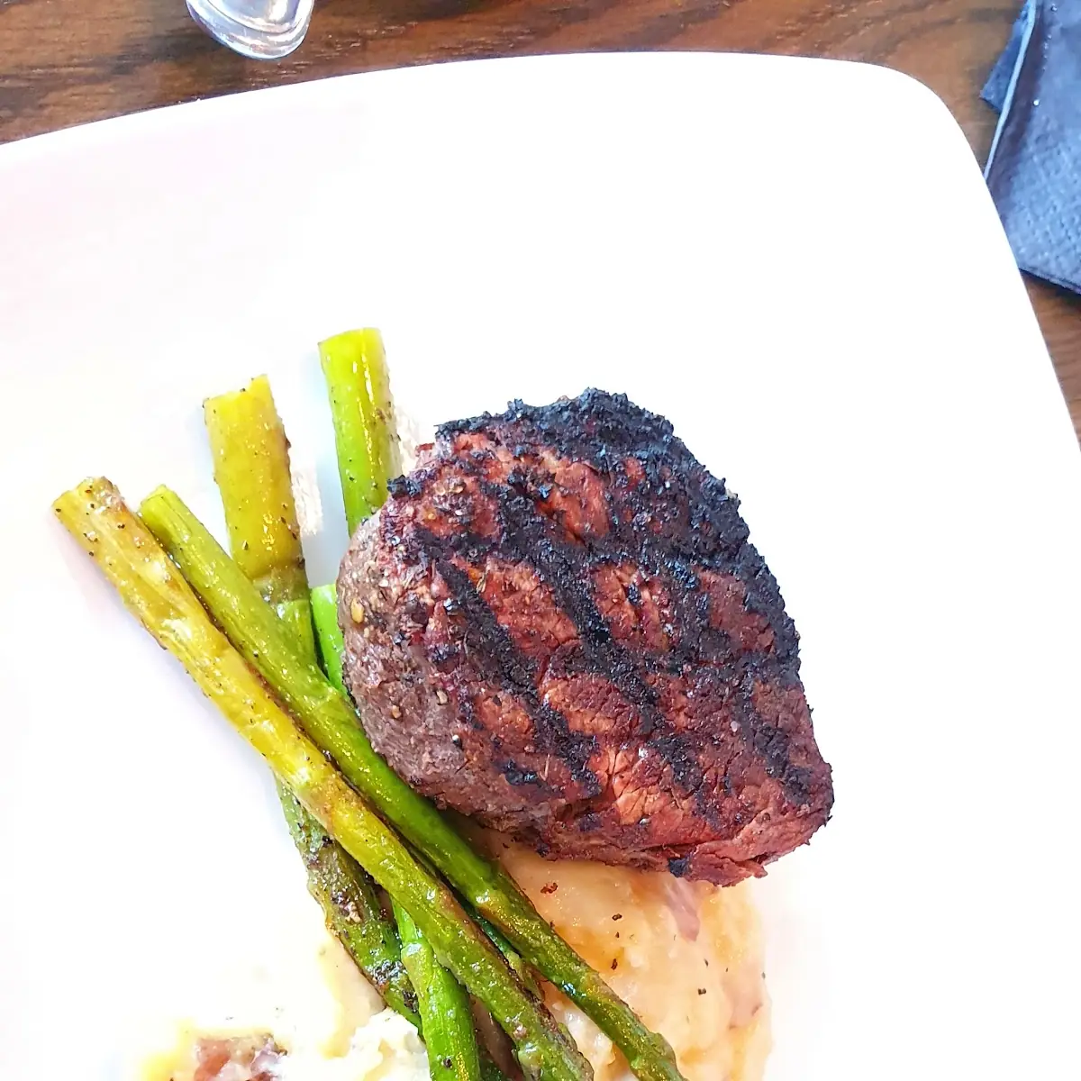 Filet with Crab Cake Cheddar Mashed Potatoes and Grilled Asparagus