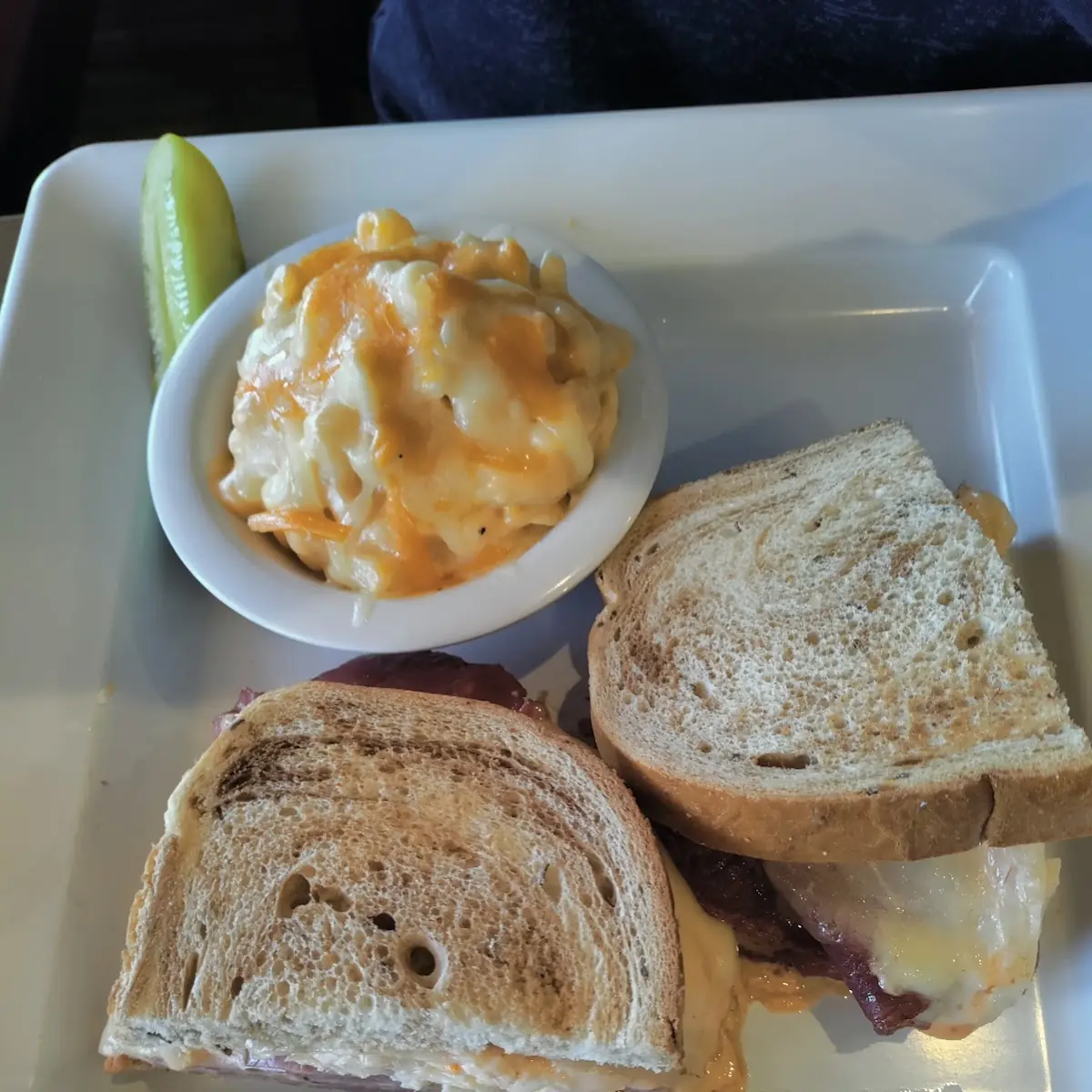 Corned Beef Sandwich on Rye with Baked Mac N Cheese Delish