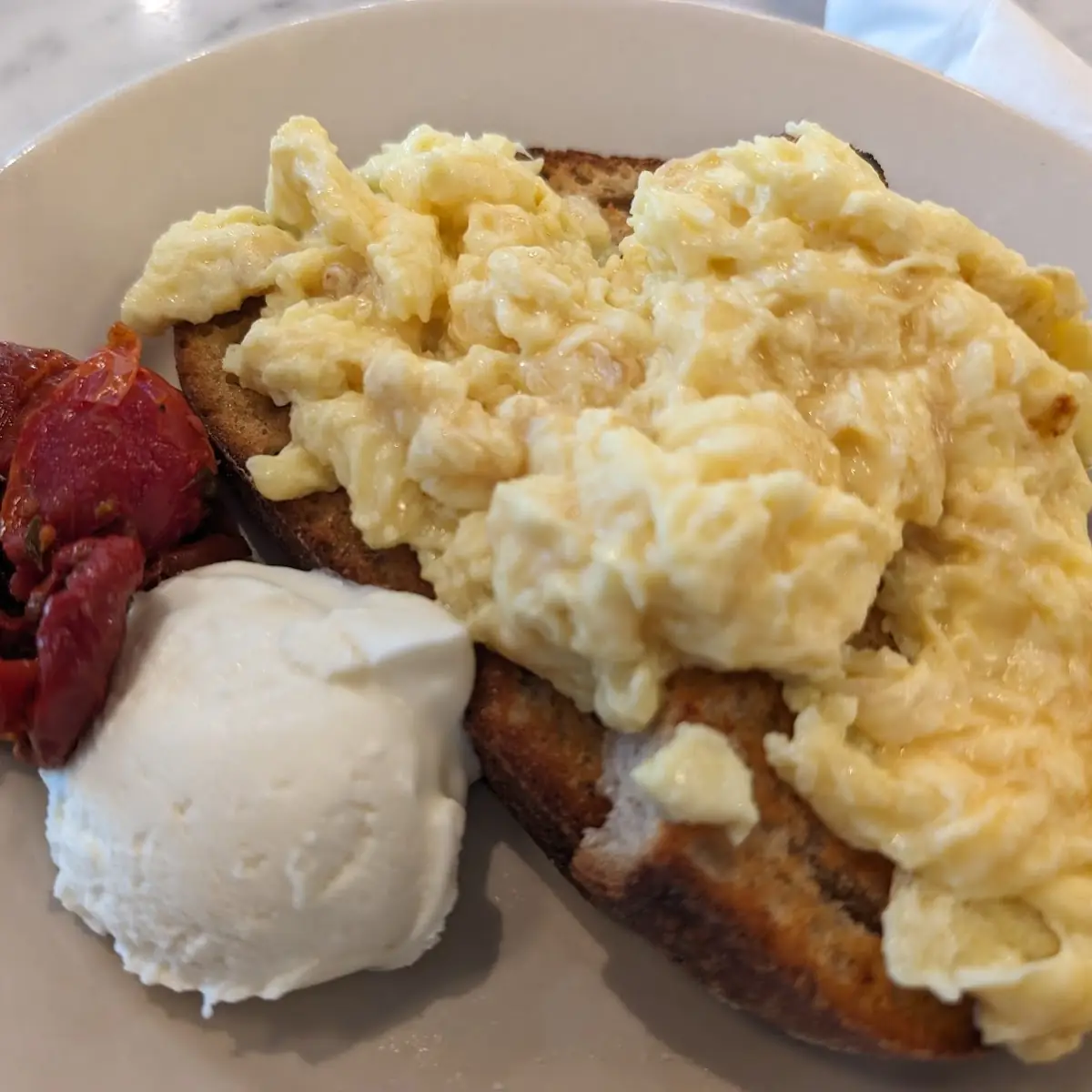 Scrambled Eggs with Tomato and Goat Cheese Mousse