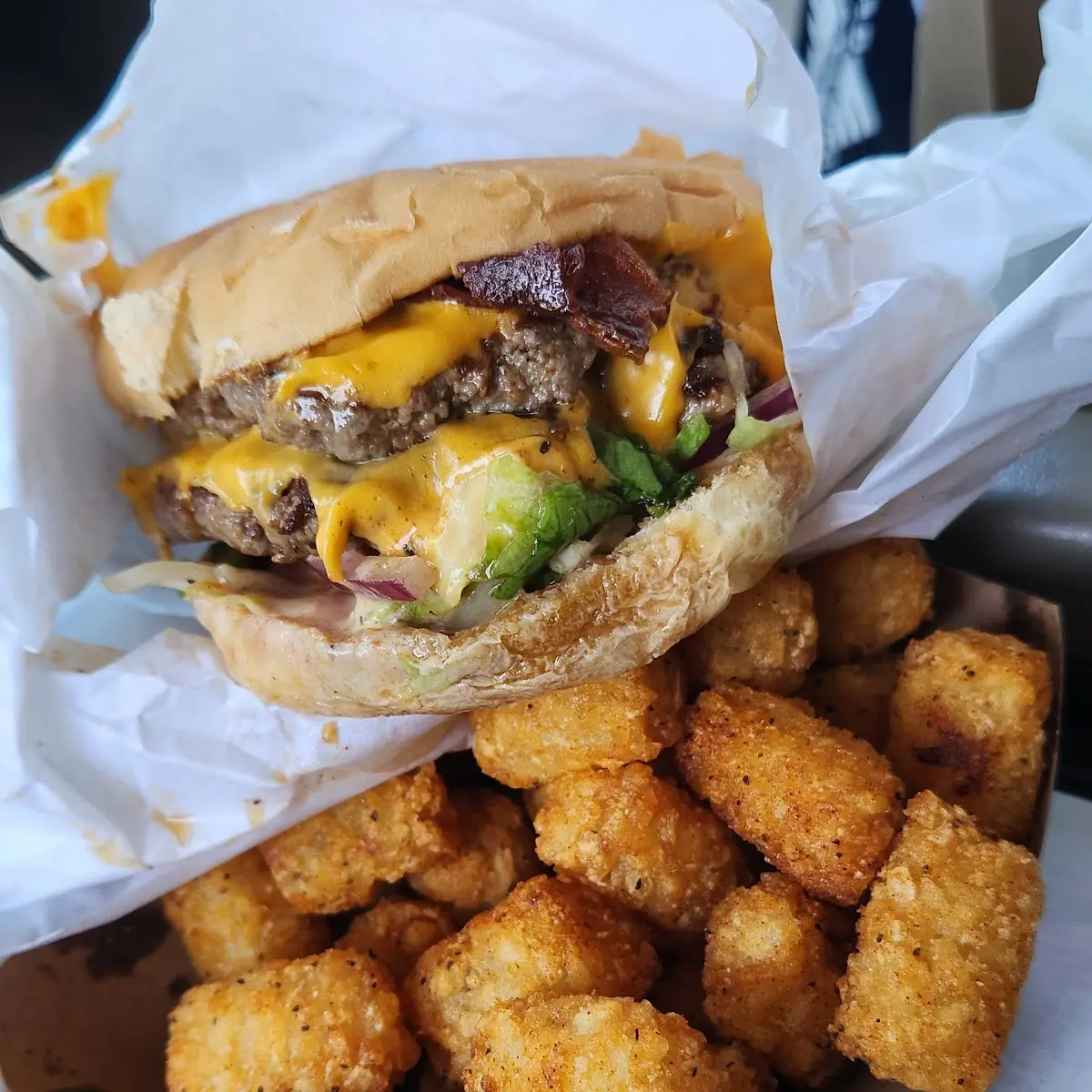 Double Bacon Cheeseburger with Tots