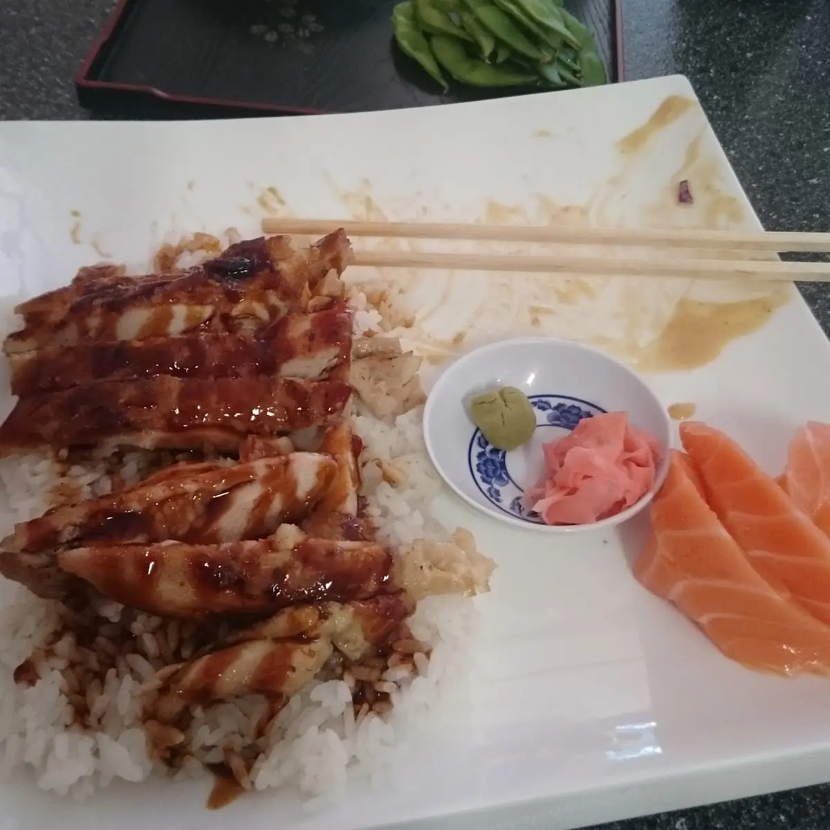 Chicken Teriyaki and Salmon Sashimi