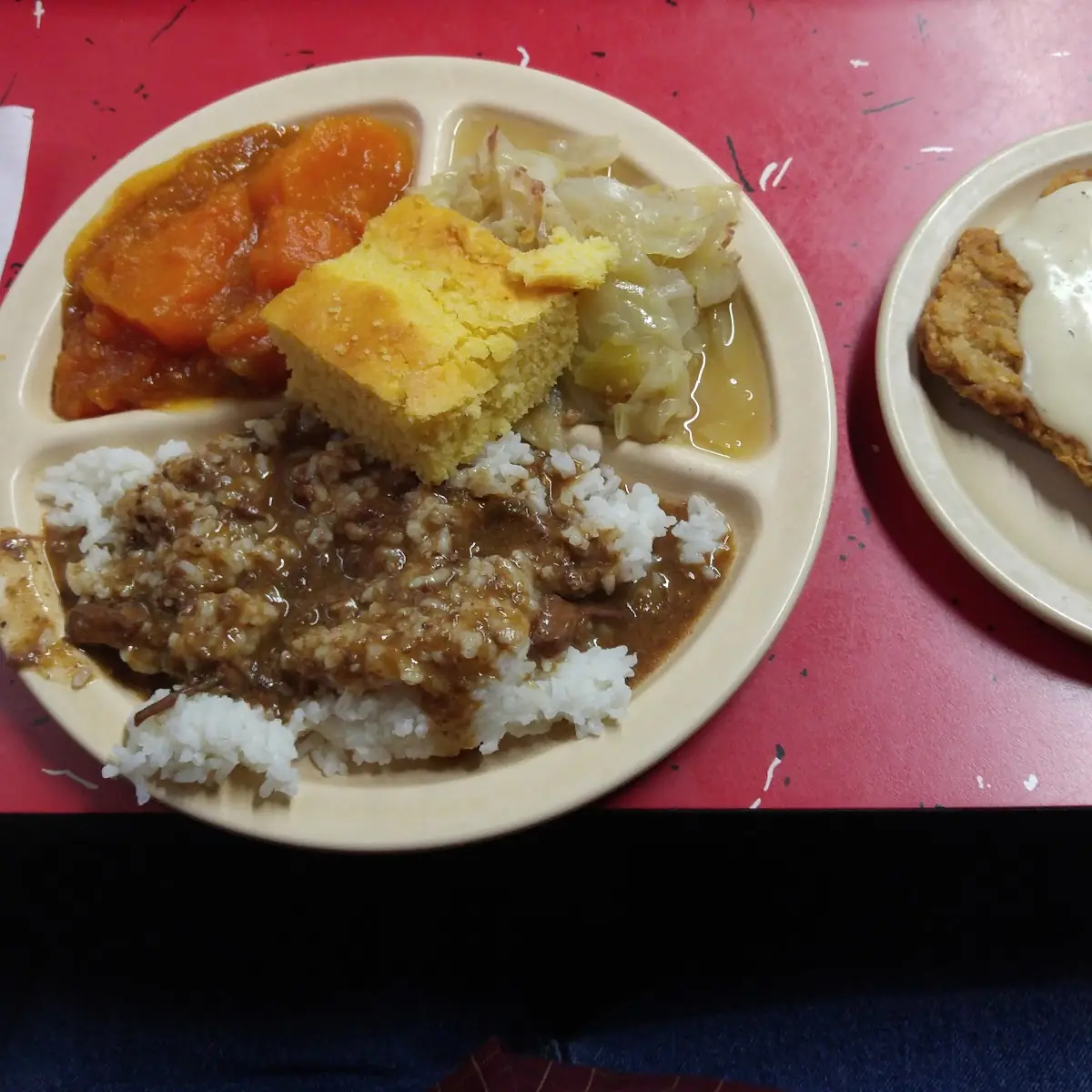 Chicken Fried Steak Rice & Gravy Yams Cabbage Cornbread