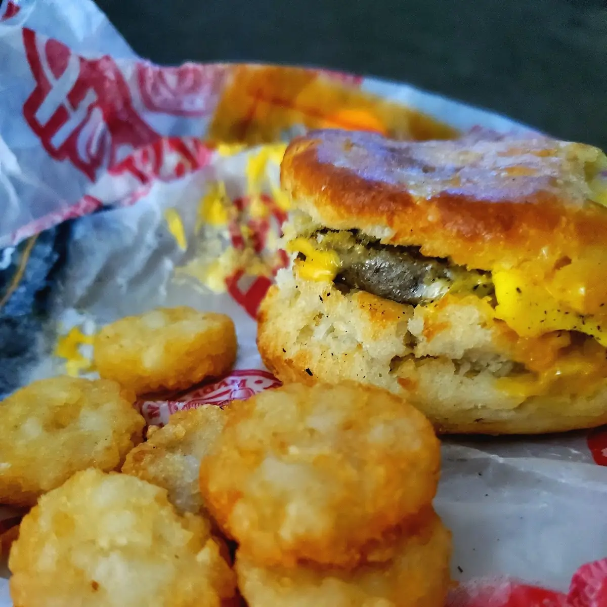Sausage Egg & Cheese Biscuit w Tatter Tots