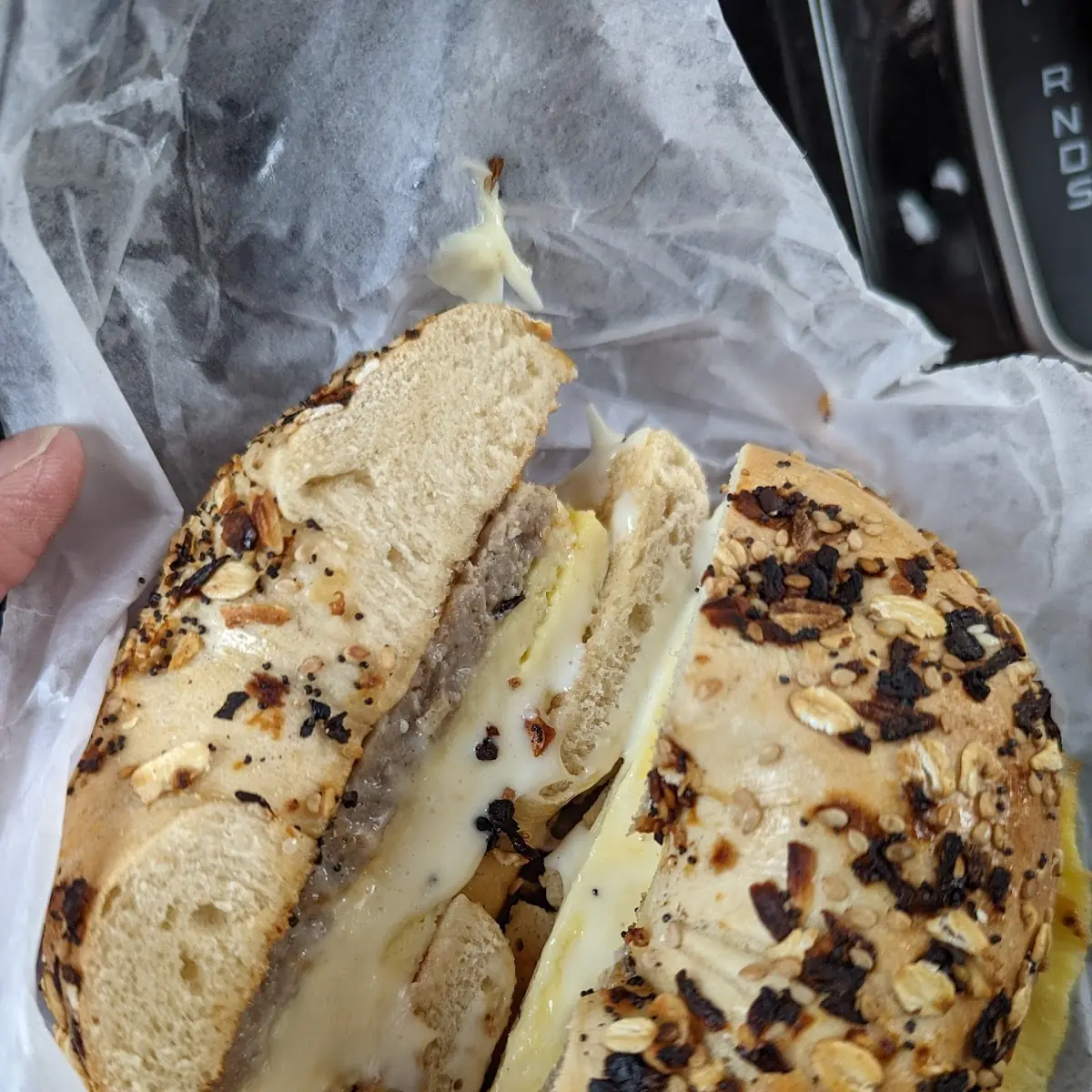 Sausage Egg and Cheese on Everything Bagel