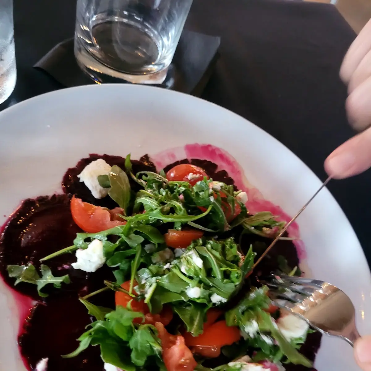 Arugula Salad Roasted Beets Plum Tomato and Goat Cheese