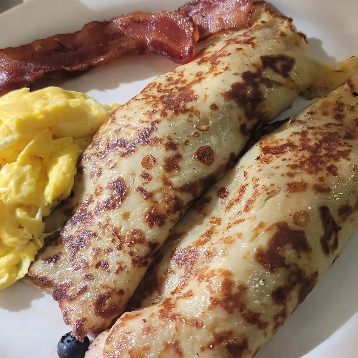 Fruit Crapes with Scrambled Eggs and Bacon