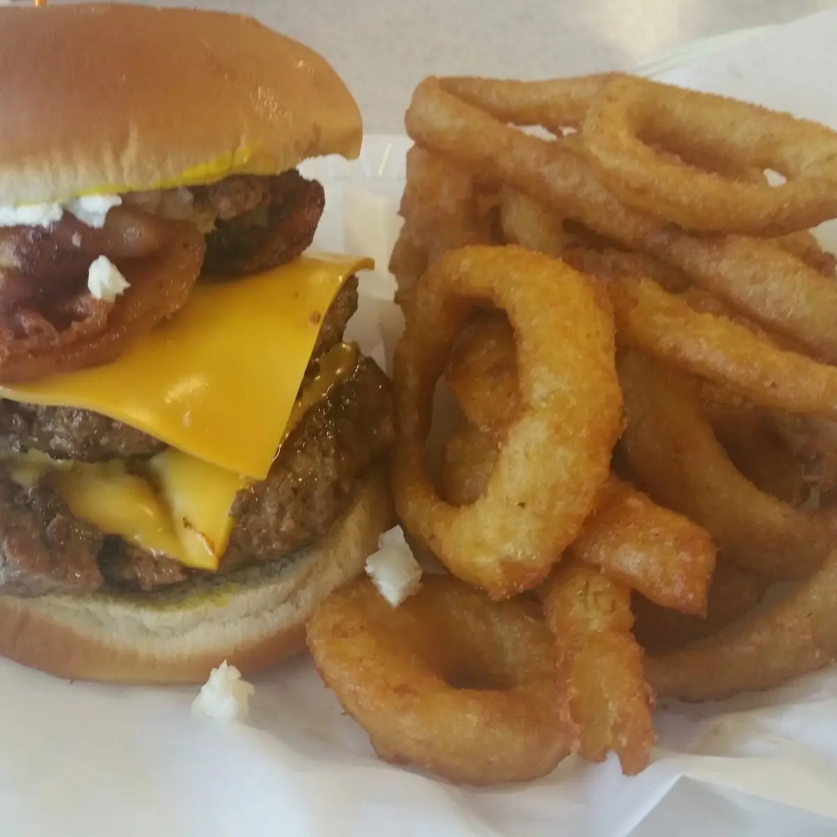Double Bacon Cheeseburger with Onion Rings